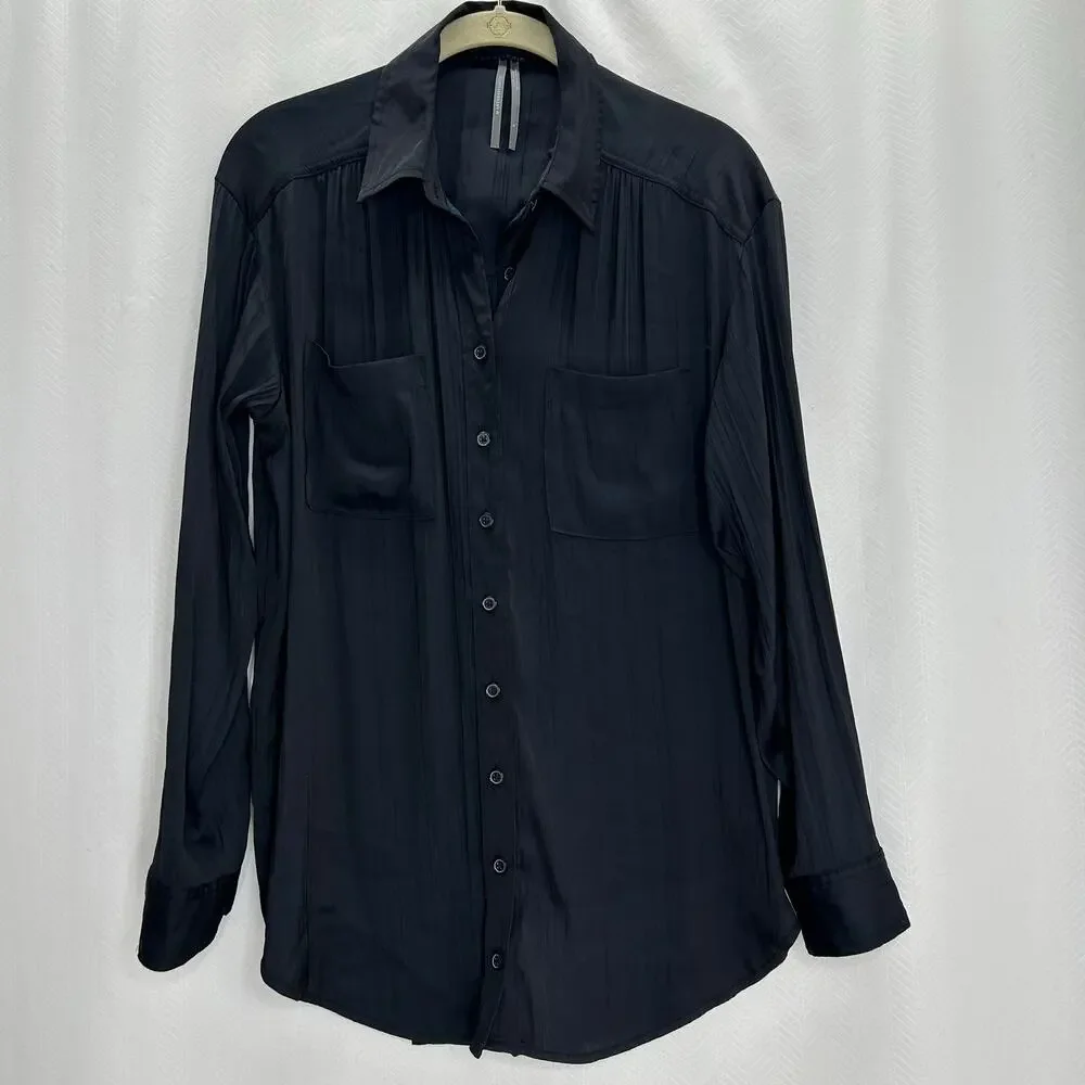 Anthropologie black satin button up blouse long sleeve small boho western ranch